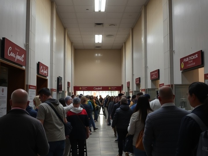 Antes — Una sola fila para todos los trámites y espera concentrada en la entrada.